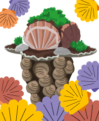 Illustration représentant des coquilles saint jacques colorées fixées sur un support vertical Illustration représentant des coquilles saint jacques colorées fixées sur un support vertical