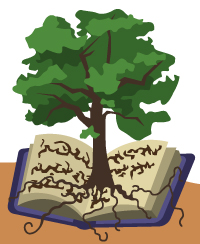 Dessin d'un ouvrage ancien ouvert sur lequel pousse un bel arbre Dessin d'un ouvrage ancien ouvert sur lequel pousse un bel arbre