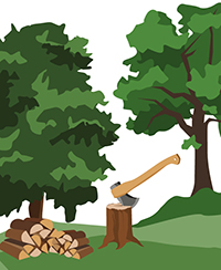 Dessin d'un forêt avec en premier plan un tronc coupé par une hache et un tas de bois Dessin d'un forêt avec en premier plan un tronc coupé par une hache et un tas de bois