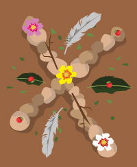 Illustration d'une oeuvre éphémère avec des cailloux, feuilles et plumes Illustration d'une oeuvre éphémère avec des cailloux, feuilles et plumes