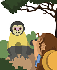 Illustration d'une fillette qui regarde aux jumelles un singe sur un cailloux Illustration d'une fillette qui regarde aux jumelles un singe sur un cailloux